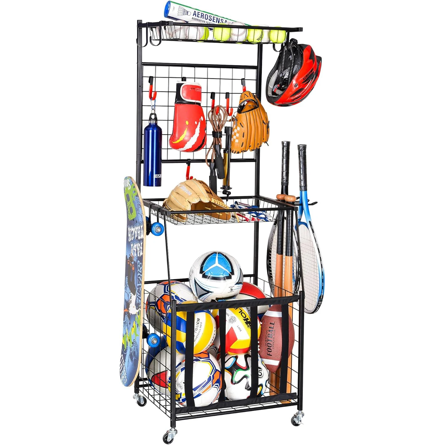 Armazenamento de equipamentos esportivos interno ao ar livre rack de esportes garagem bola armazenamento organizador com cesta e ganchos