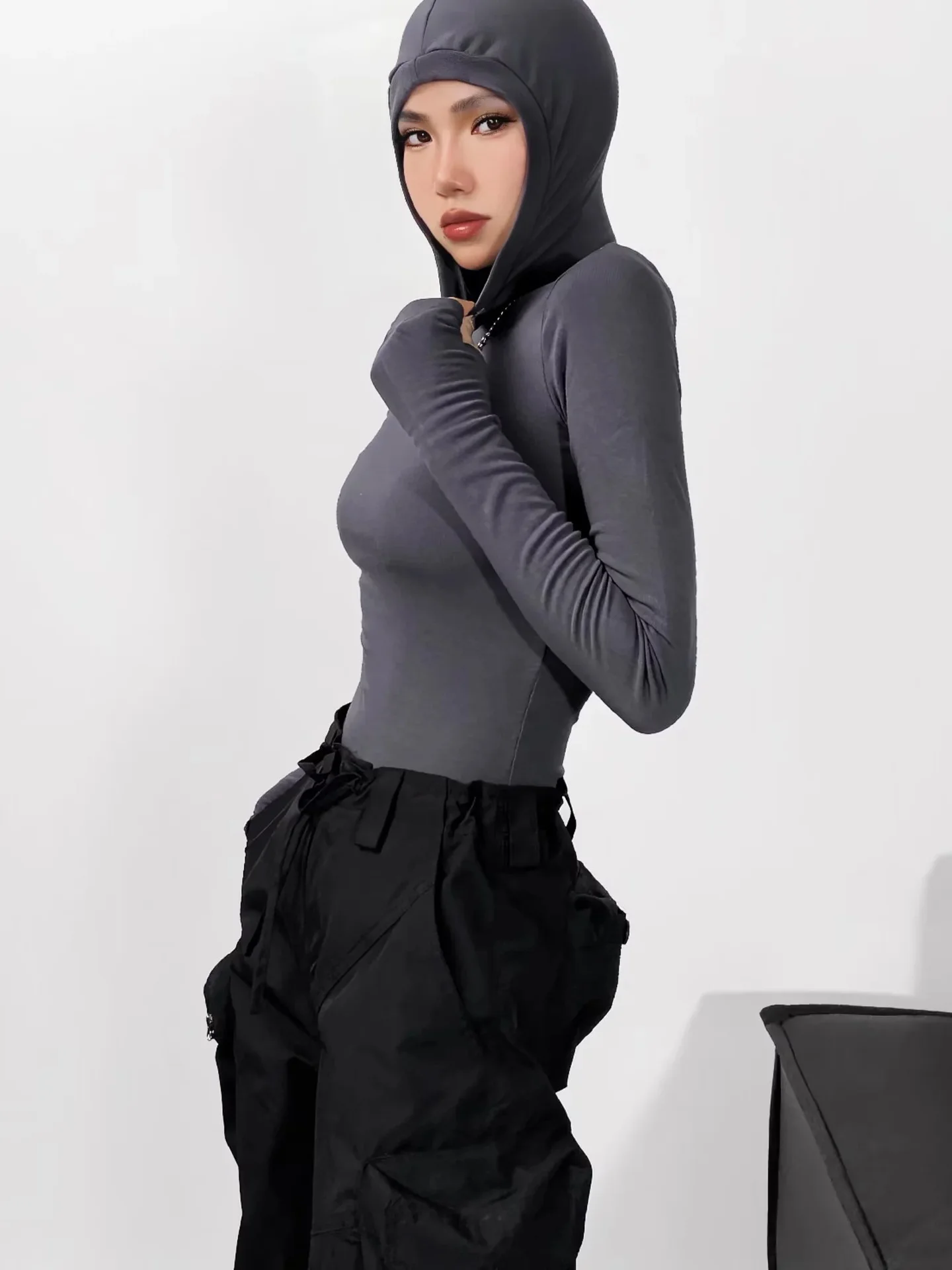 One Piece Hooded Solid Long Sleeve Bodysuit Women Black Khaki Grey Bodycon Jumpsuit