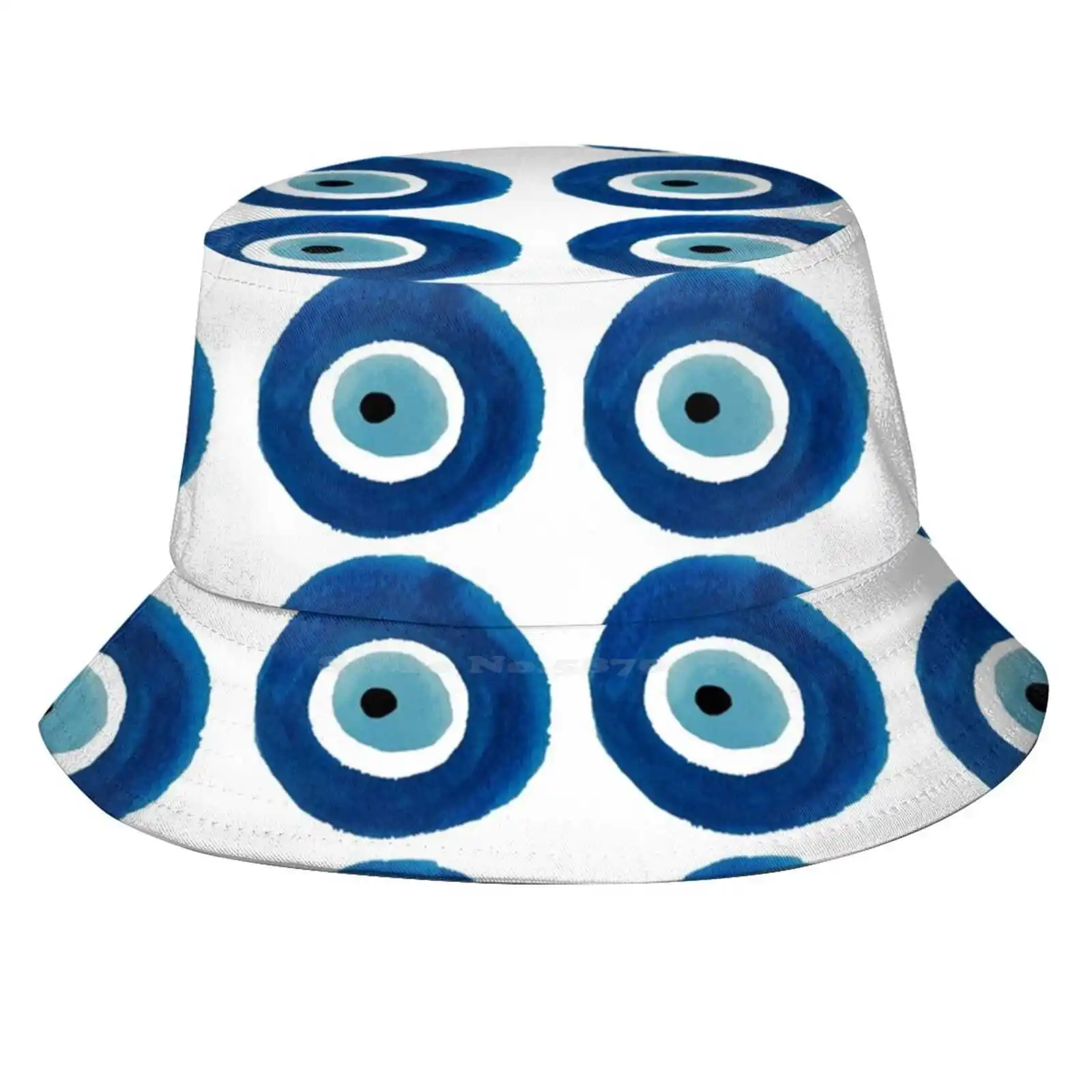 Watercolor Evil Eye Pattern (Nazar) Dark And Light Blue Sun Cap Fisherman Hat Bucket Hats Water Color Dark Blue Light Blue