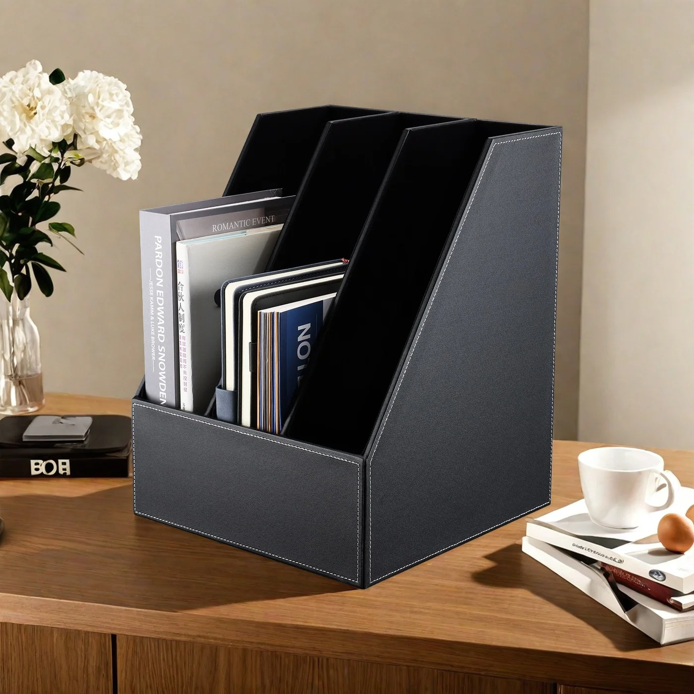 Modern Efficiency, Timeless Style PU Leather Triple Desktop Organizer Office Supplies File Rack Document Holder