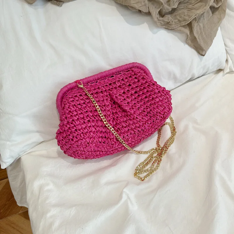 Fashion Large Capacity Straw Woven Bag Solid Color Straw Weaving Straw Clutch Purse with Chain Strap Shoulder Bag Women