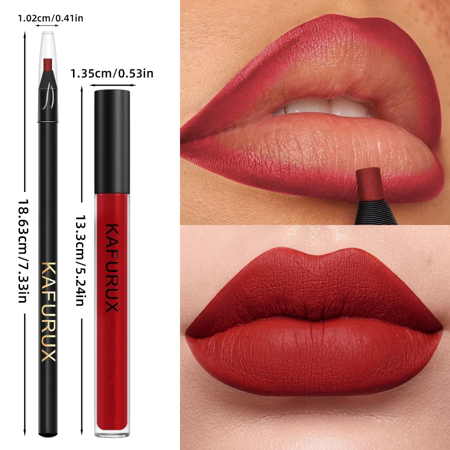 2PCS Sexy Red Lip Liner Pen and Matte Lip Glaze Set Liquid Lipstick Korean Makeup Gifts Lip Gloss High Pigment Lip Tint Cosmetic