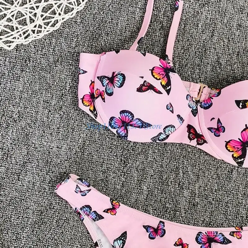 P9FC Women Sexy 2pcs Set for Butterfly Print Padded Underwire High Cut Swimsui