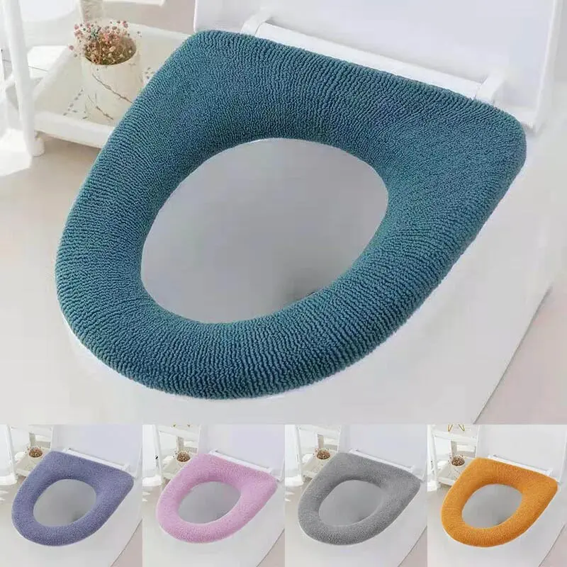 1Pcs Winter Warm Toilet Seat Cover Closestool Mat Washable Bathroom Accessories Knitting Pure Color Soft O-shape Pad Bidet Cover