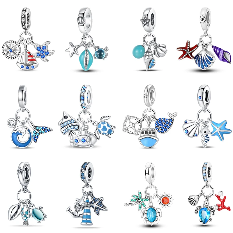 

925 Sterling Silver Blue Ocean Ship Lighthouse Starfish Turtle Dolphin Charms Pendants Fit Qikaola Bracelets DIY Jewelry Gifts