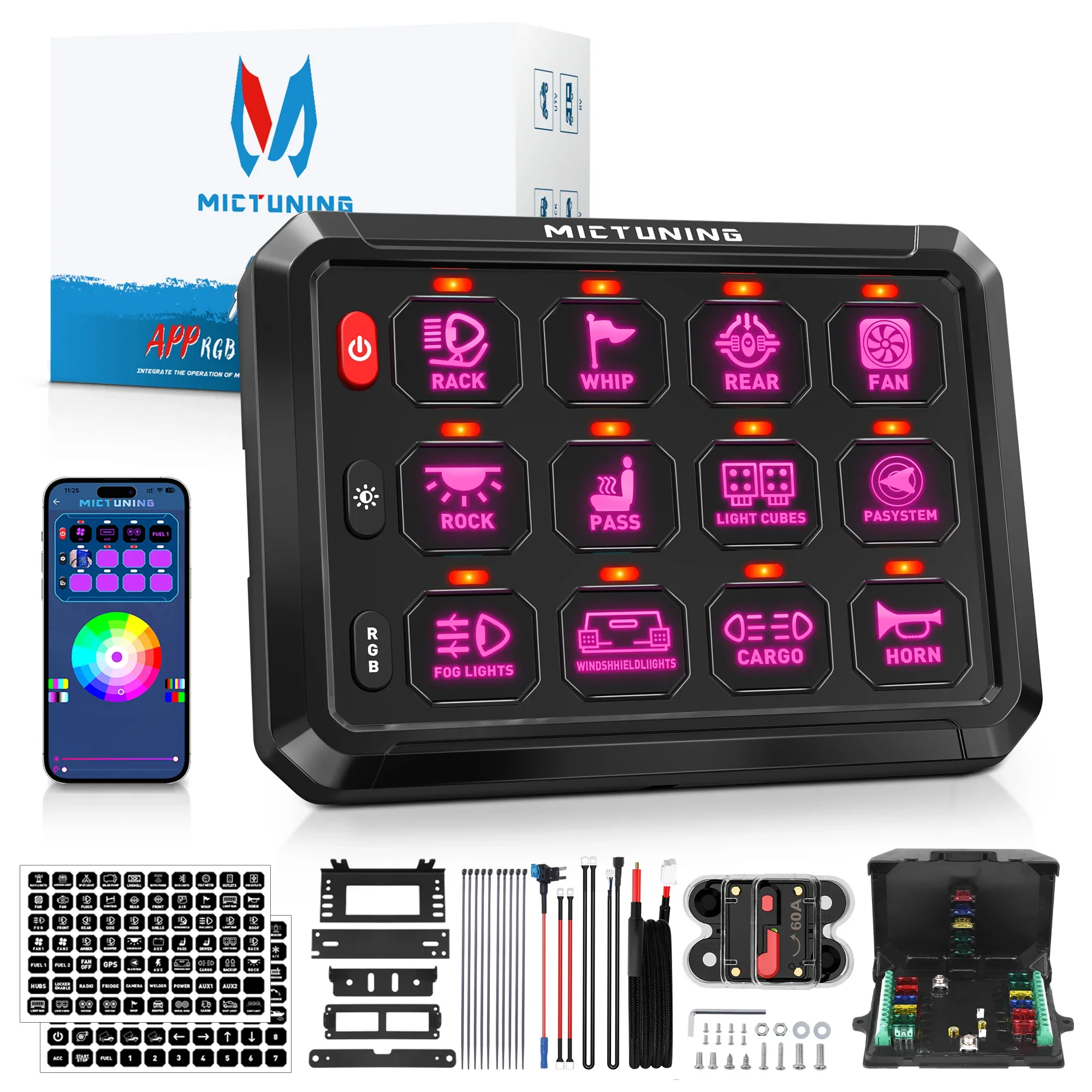 MICTUNING P1S RGB LED 12 Gang Switch Panel Bluetooth APP Control Universal Car Control Relay System Box For Yachts Caravan Boat