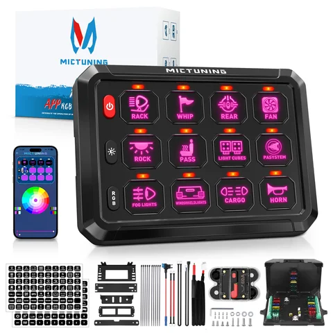 MICTUNING P1S RGB LED 12구 스위치 패널 블루투스 앱 제어 범용 자동차 제어 릴레이 시스템 박스 (요트, 카라반, 보트용)
