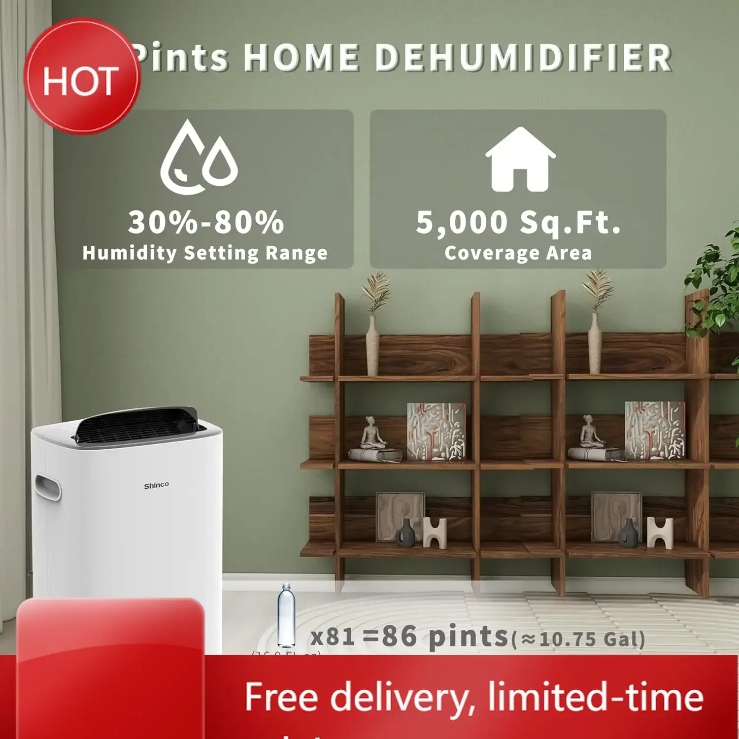 86-Pint-Luftentfeuchter für Zuhause und Keller, 5000 Quadratfuß Luftentfeuchter mit Ablaufschlauch, automatische oder manuelle Entwässerung, automatische Abtauung