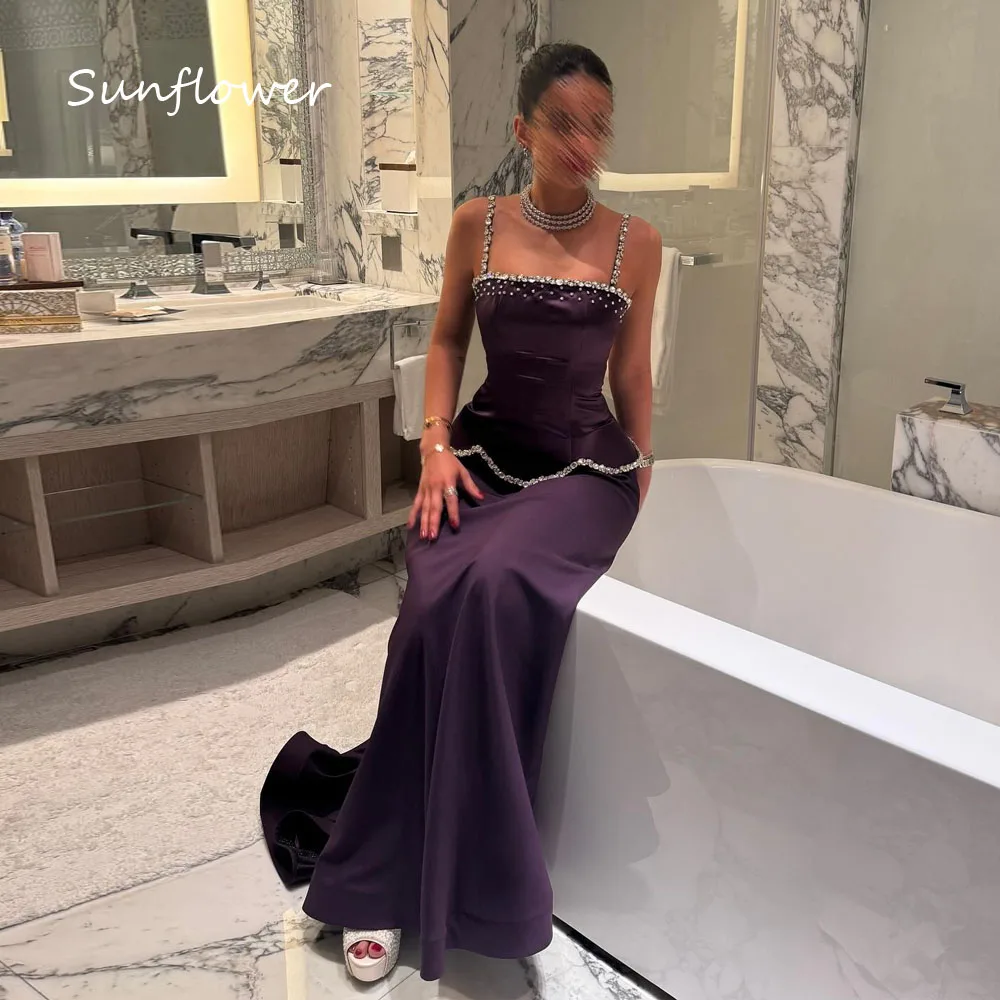 

Sunflower Customized Purple Beading Satin Evening Dress Strapless Prom Dress Lace Up Back Mermaid Floor-Length Occasion Dress
