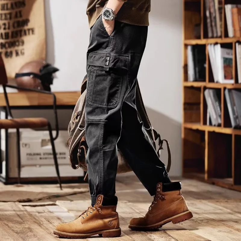 

Новые мужские весенне-осенние свободные рабочие брюки с манжетами, модные брендовые брюки-карго, модные универсальные укороченные повседневные брюки в корейском стиле
