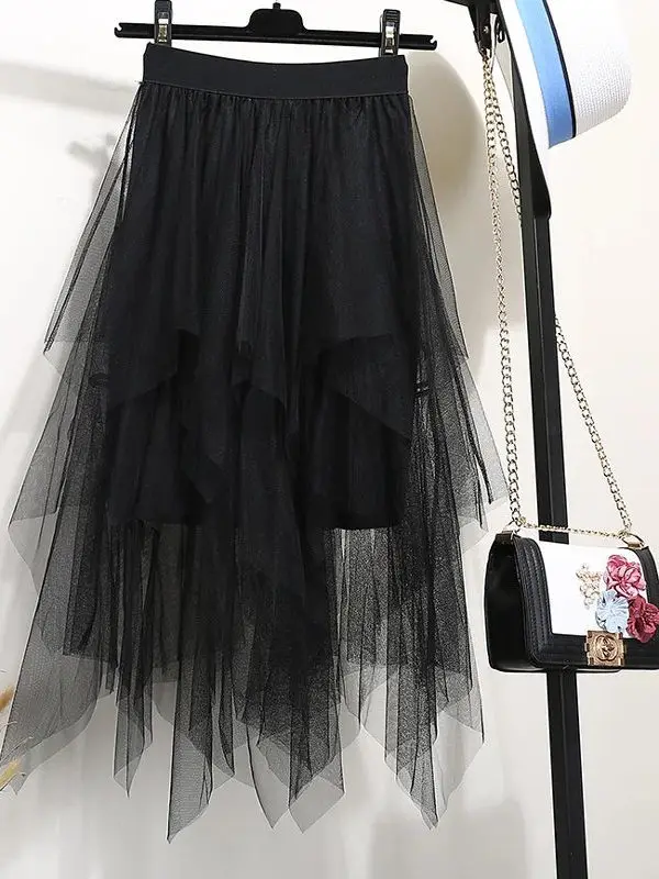 

Irregular Fluffy Me f Length Skirt High Waist Street Sle Polyester Fabric Pure Color Loose Fit Spring Season