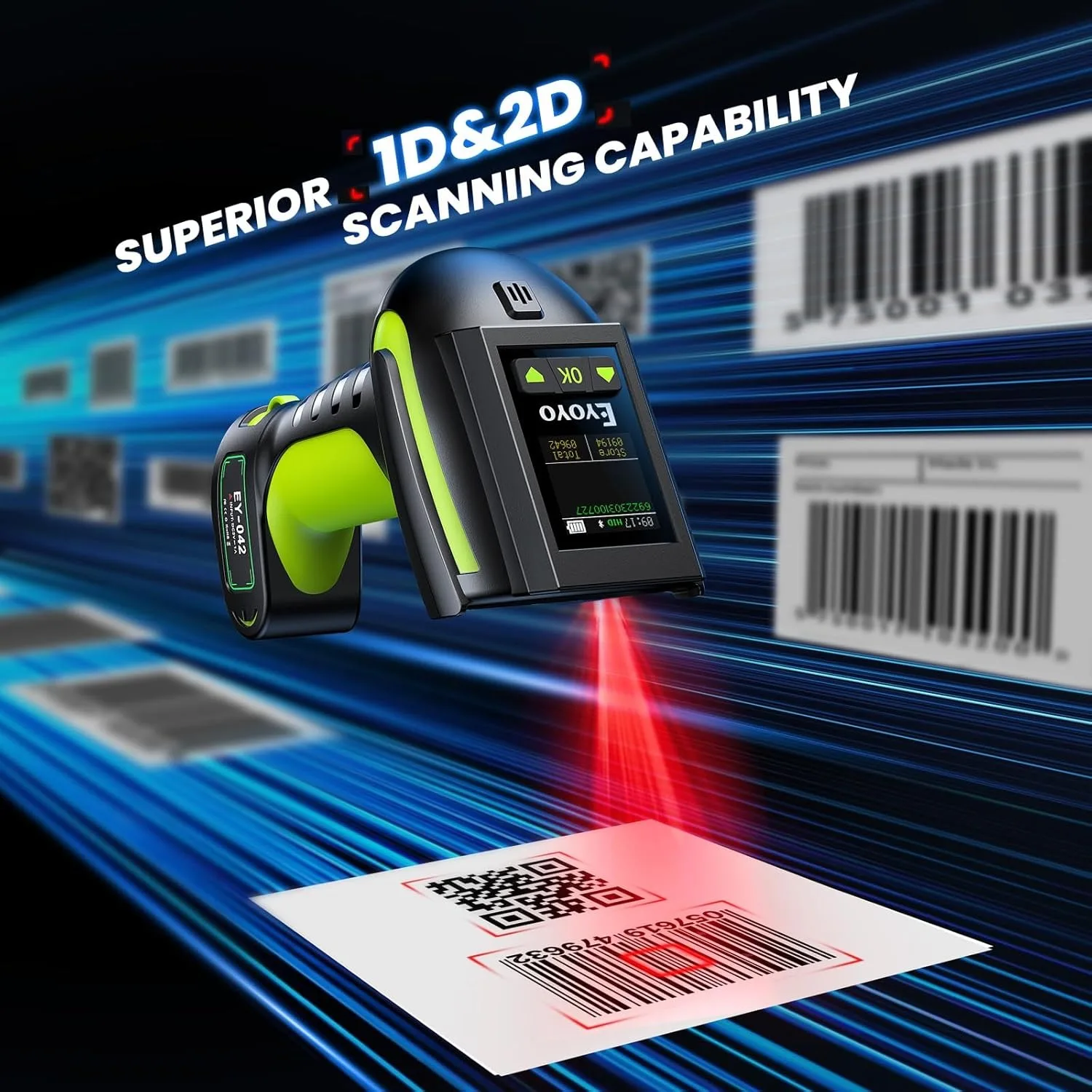 Eyoyo Industrieller Barcode-Scanner mit Bildschirm 3-in-1 Wasserdichter 1D 2D Bluetooth Kabelloser Strichcode-Leser mit Ladestation