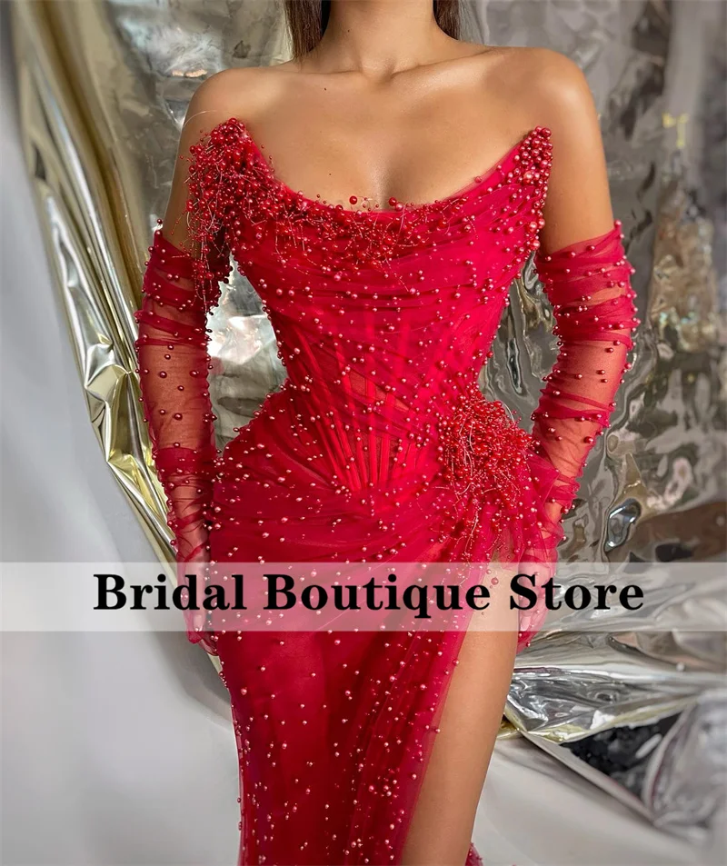 Luxury Sparkly Red Mermaid Evening Dress 2023 With Two Gloves Pearl See-Thru Prom Party Gown Side Split Robe De Bal Customized