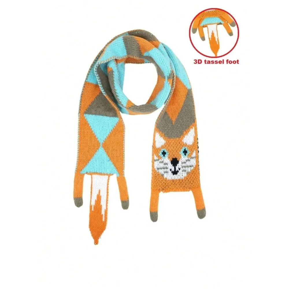 8-15T Kids 3D Tassel Cat Fox Faux Cashmere Knitted Scarf for Boys and Girls Outdoor Fashionable Long Scarf Winter Women Scarf