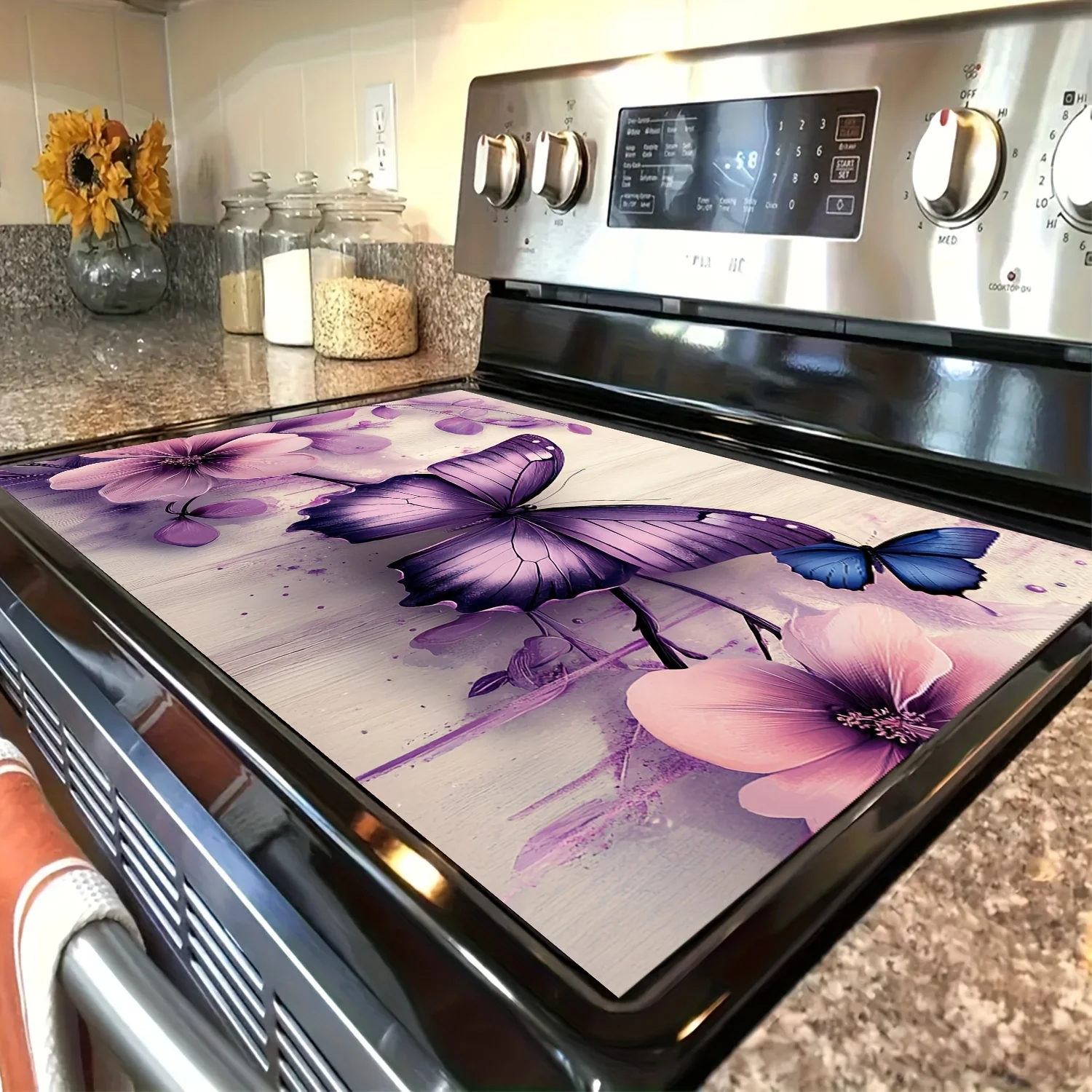 Romantic Purple Floral Butterfly Stove Top Cover, Non-Slip Heat Resistant Burner Cover, Elegant Insect Stove Protector Mat for