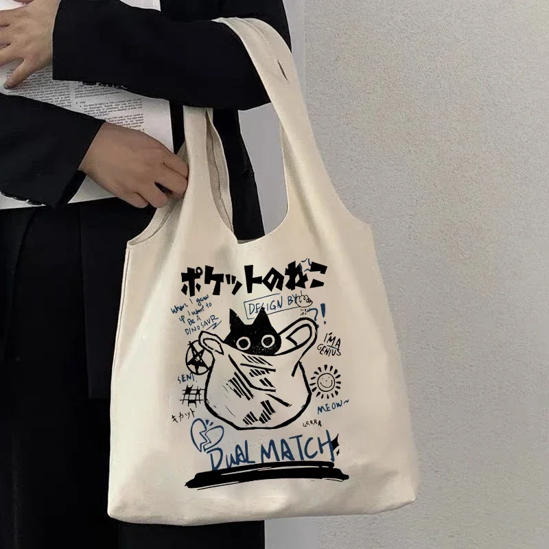 Japanische Anime-Stil Katze Einkaufstasche Grafik Tote Harajuku Shopper Tasche Frauen Leinwand Umhängetasche Eco Große Kapazität