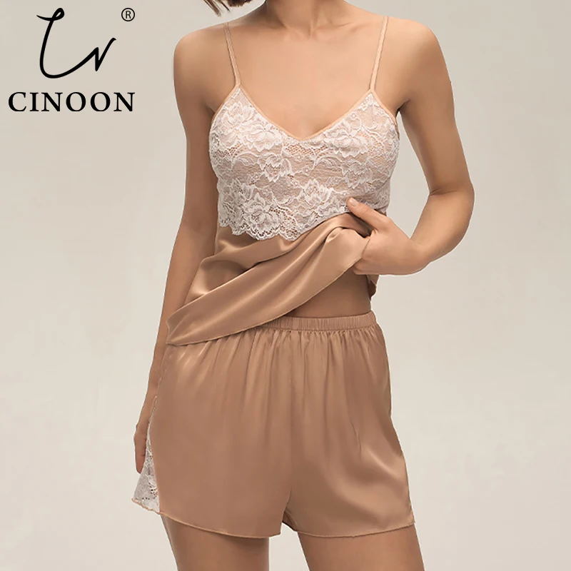 

CINOON женский сексуальный атласный пижамный комплект из ледяного шелка, элегантный комплект одежды для сна, дышащая шелковистая ночная рубашка, кружевное прозрачное нижнее белье