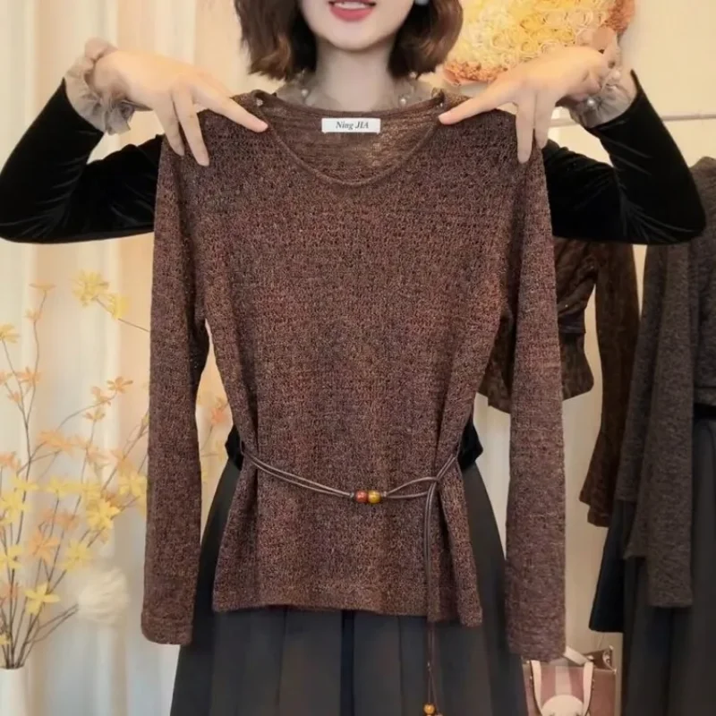Women Round Neck Heather Knit Long Sleeve Top With Beaded Waist Belt Slim Fit Basic Blouse