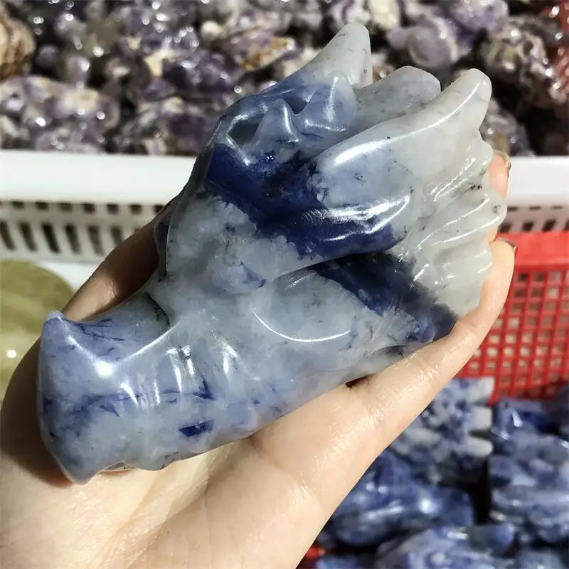 Natural Blue Aventurine Dragon Skull Carving Head Polished Animal Powerful Statue For Home Decoration Gift 1pcs