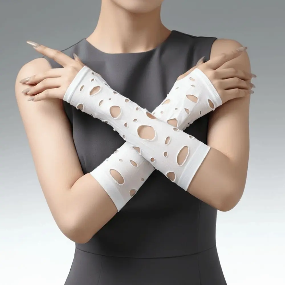 Wrist Cuffs Ripped Arm Warmers Black Elastic Fingerless Gloves Hollow Knitted Hand Sleeves Rave