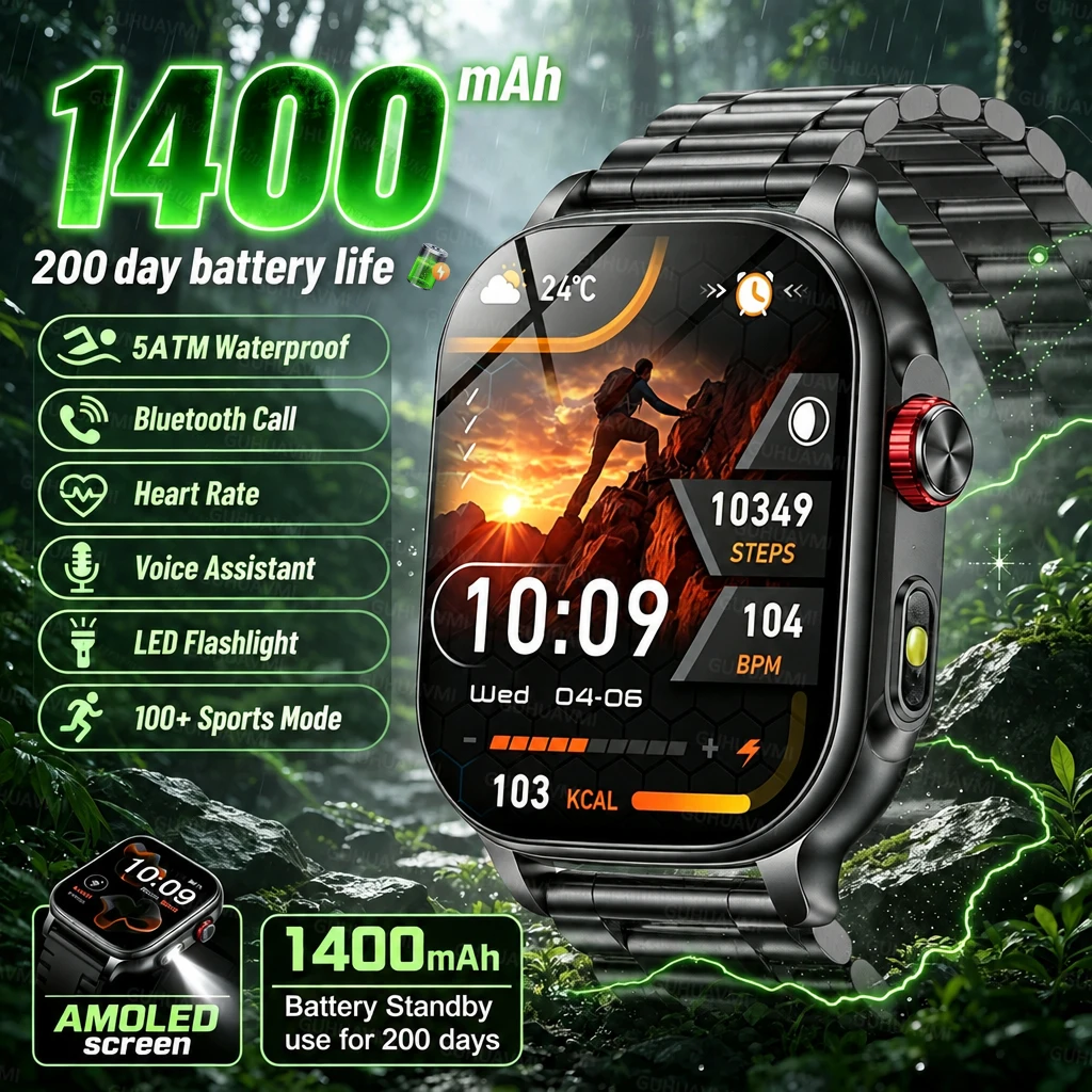 New Men SmartWatch 1400mAh 200Days Standby 5ATM Waterproof Bluetooth Call LED Flashlight 100+Sports Outdoor Smartwatch Men Women