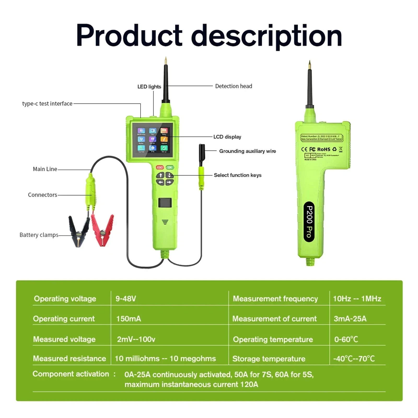 A+ TopDiag P200 Pro Automotive Circuit Tester Power Circuit Tester 9-48V Automotive Power Probe Electrical System Tester