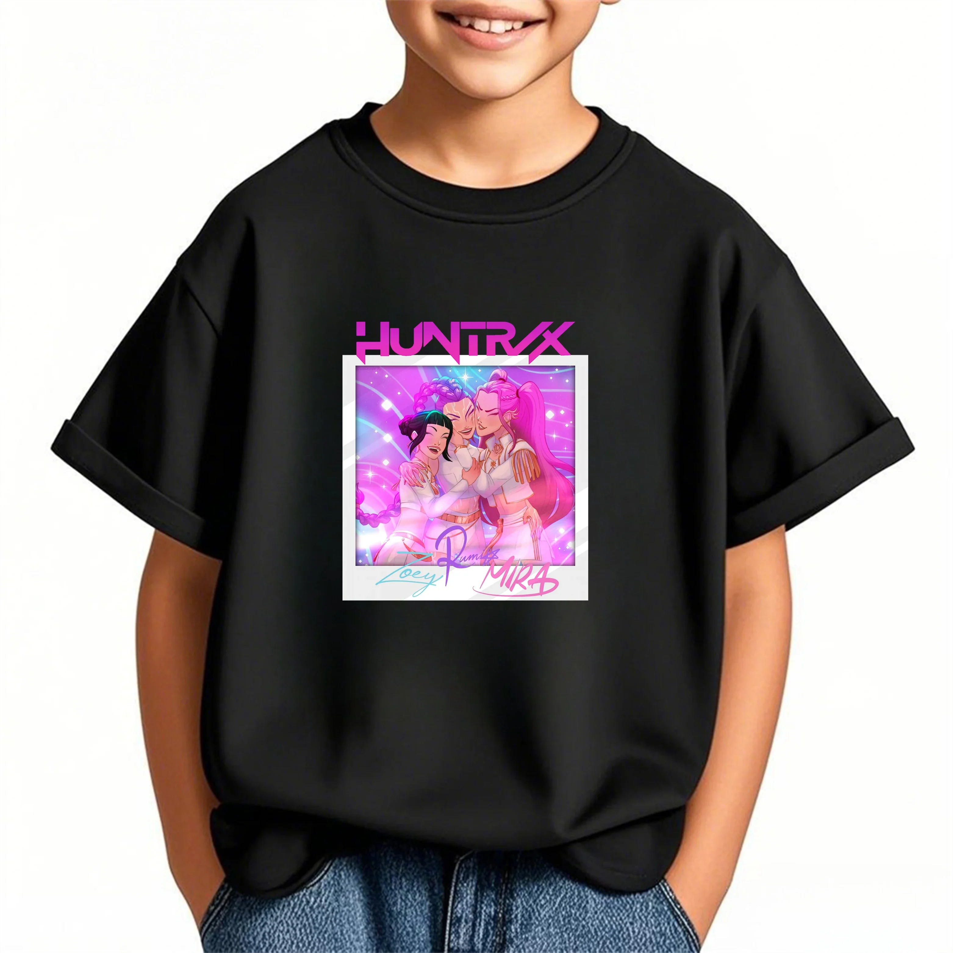 

Футболка с круглым вырезом KPop Demon Hunters для мальчиков и девочек от 3 до 14 лет, летняя, милая, с рисунком в стиле кавай, модная, уличная, повседневная, детская