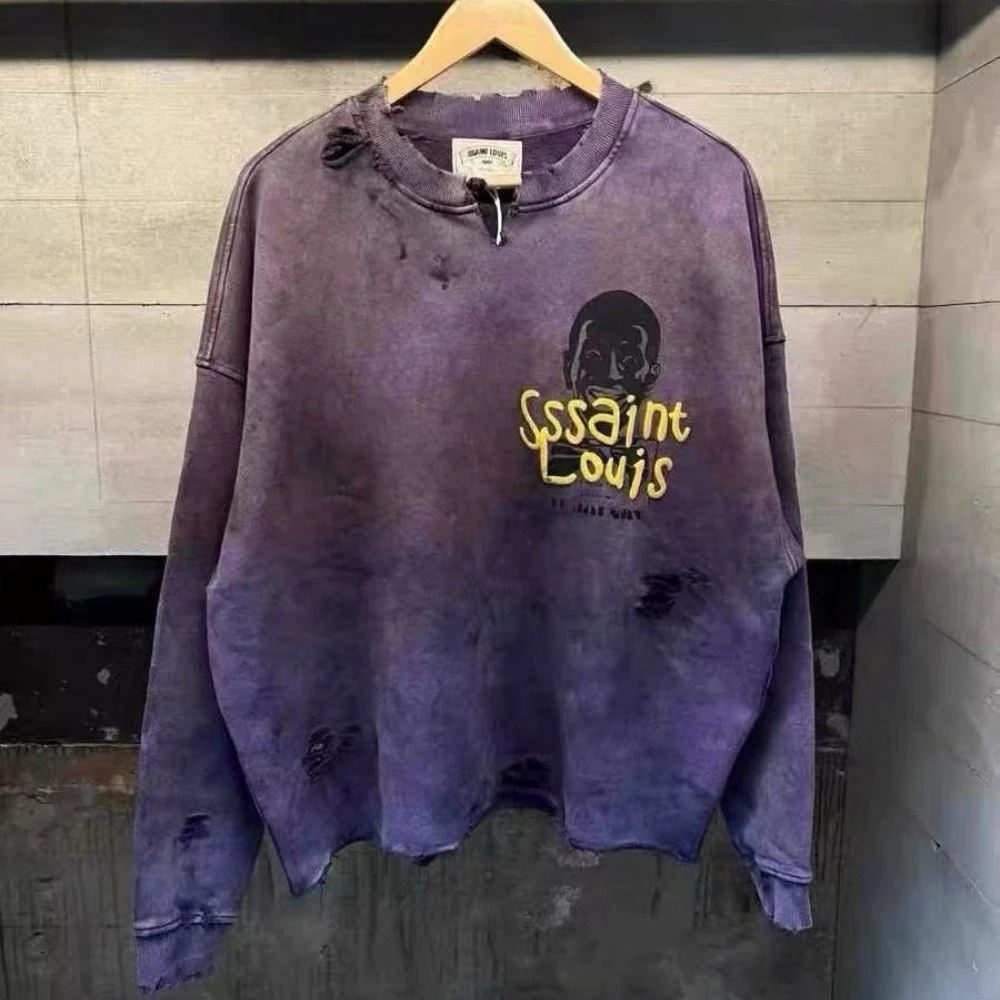 

SSSAINT LOUIS 26SS Torn-neck washed and distressed round-neck hoodie for both men and women casual style