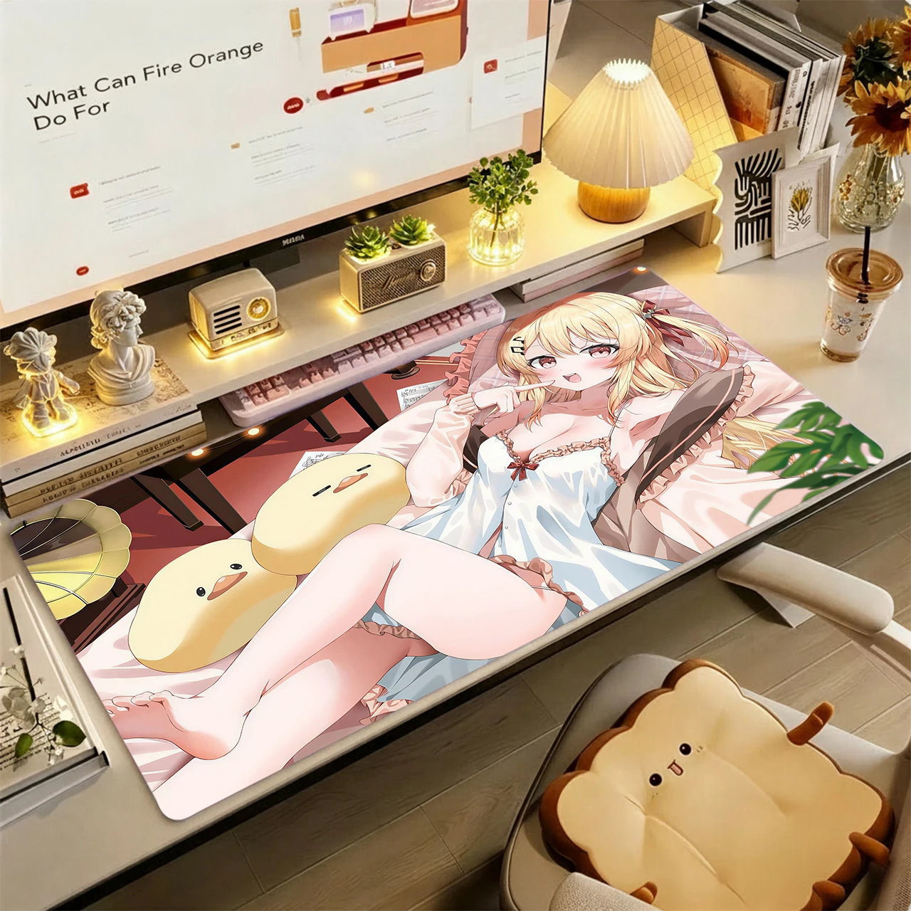Gaming Mouse Pad,XXL Desk Mat,Anti-slip Base,Stitched Edges, Long Blonde Girl Nightgown Duck Pillow Bedroom Warm Print Table Mat