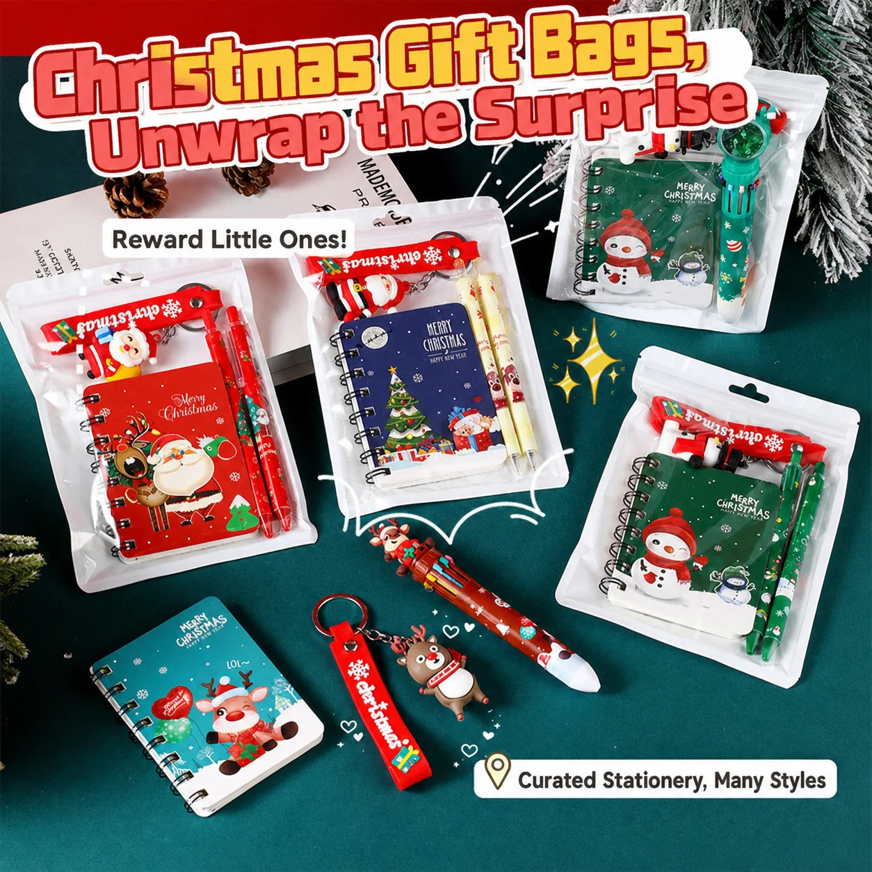 Santa Christmas Stationery Set Notebook Pen Keychain Festive Holiday Gift for Kids School Supplies Stocking Filler Kit