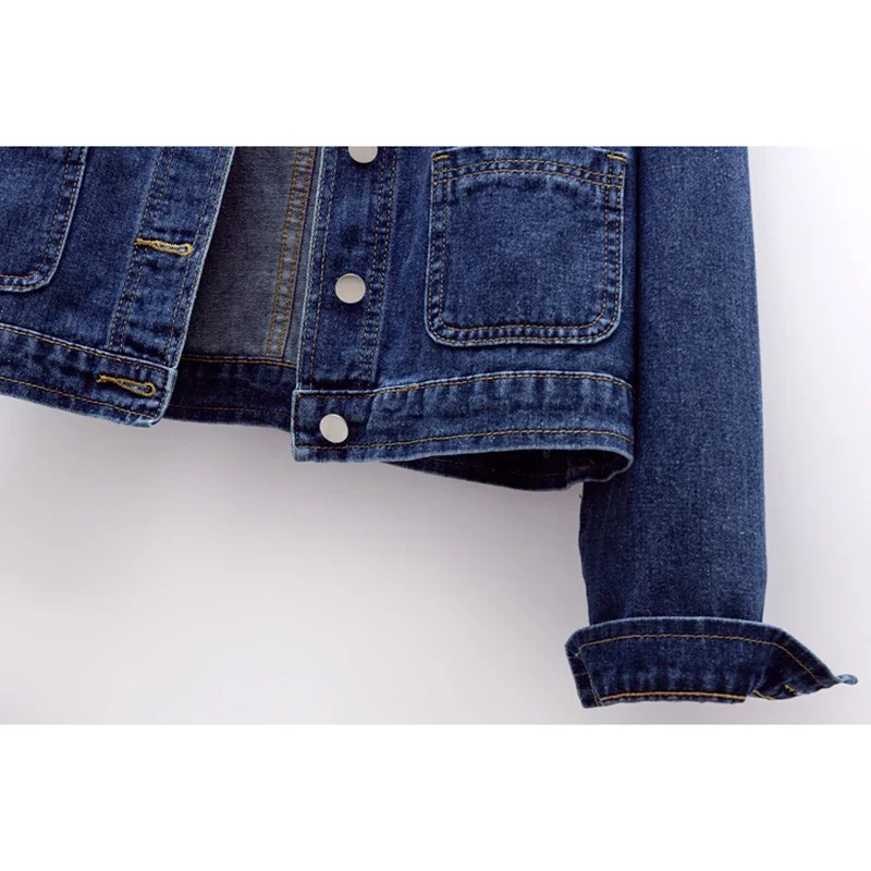 Vintage Dunkelblau Sailor Kragen Denim Jacke Frauen Lose Kurze Cowboy Oberbekleidung Langarm Große Tasche Jeans Jacke Mantel Weibliche