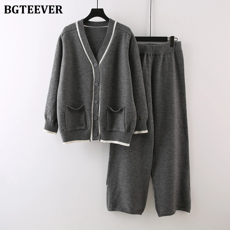 BGTEEVER Casual Thicken Warm Female Knitted Trousers Set V-neck Single-breasted Cardigans & Wide Leg Pants Women Sweater Set