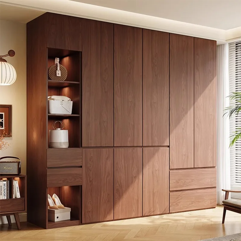 All solid wood wardrobe, bedroom walnut oak side cabinet, segmented free-handle wardrobe
