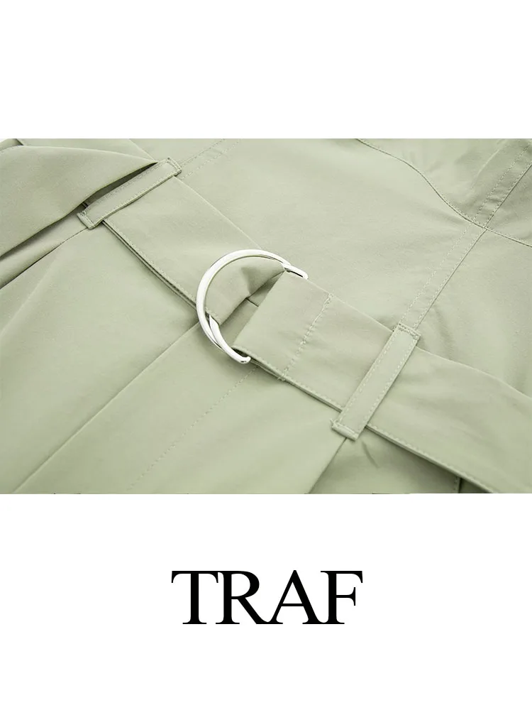 TRAF Spring New Women Fashion Y2K Jumpsuit Solid Green With Belt Sleeveless Green Cargo Pants Loose Chic Female Clothing Street