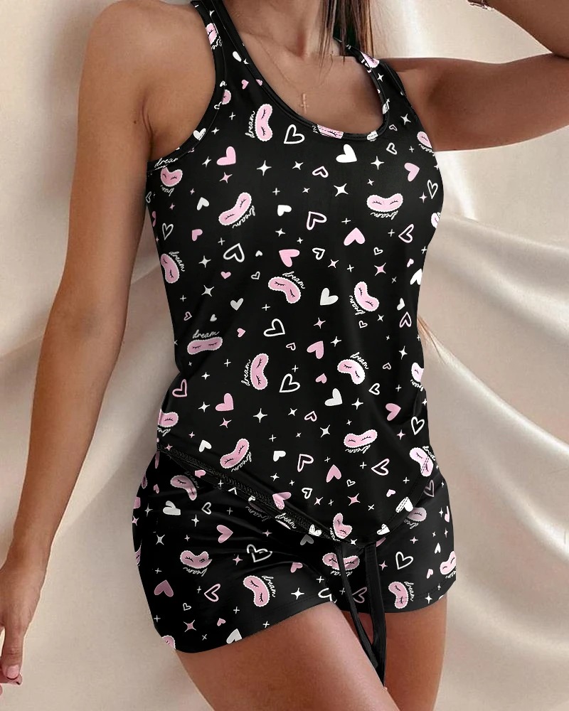 

Casual Home 2 Piece Sets Woman Outfit 2025 New Floral Print U Neck Sleeveless Tank Top Casual Drawstring Home Pajamas Shorts Set
