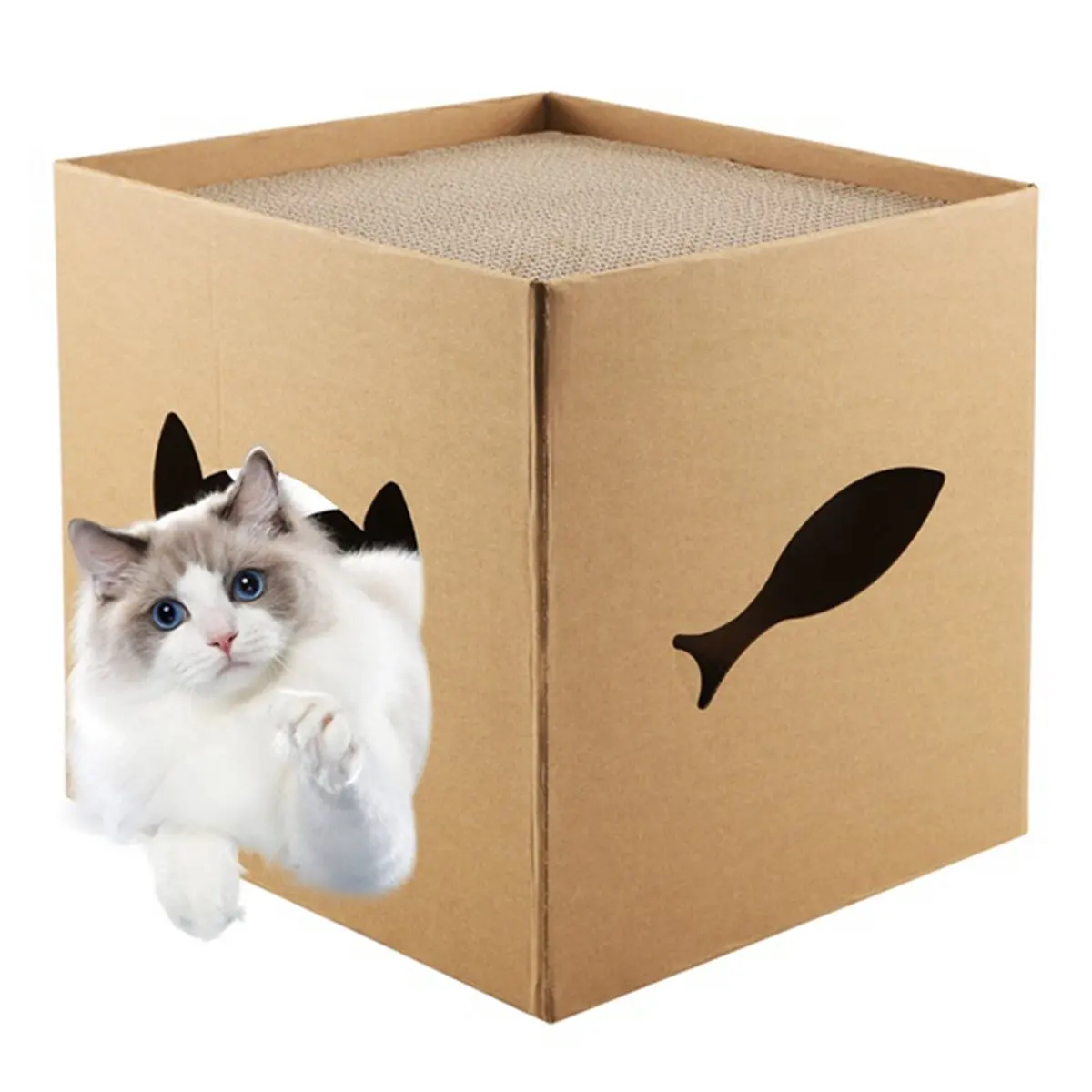 N14R Top Cat Cardboard House with Scratch Pads Play & Home Decor for Cat Birthday, Bunny Small Animals Hideout