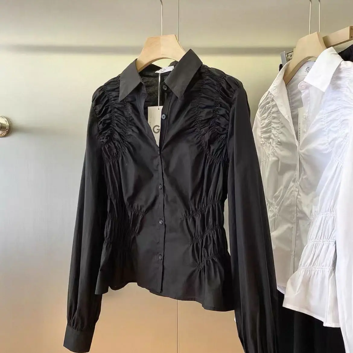 

Cotton French Slim Fit Waist Pinch Pleated Lapel Long Sleeve Shirt Shirt Women's Top shirts for women