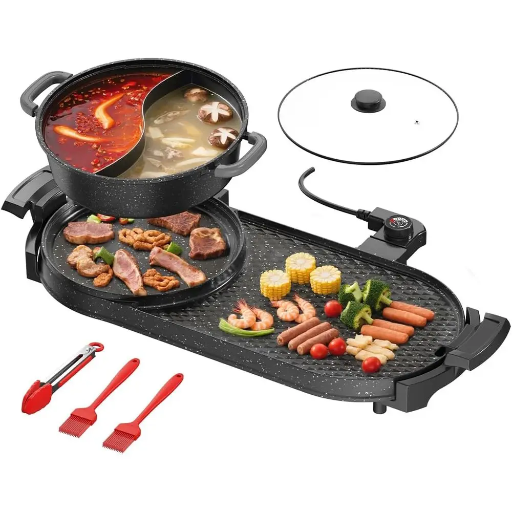 

Indoor Electric Grill and Hot Pot, 2200W Dual Zone BBQ Griddle, Removable Pan, Non-Stick, 29x11 Inch, Family Size, Grill Tools &