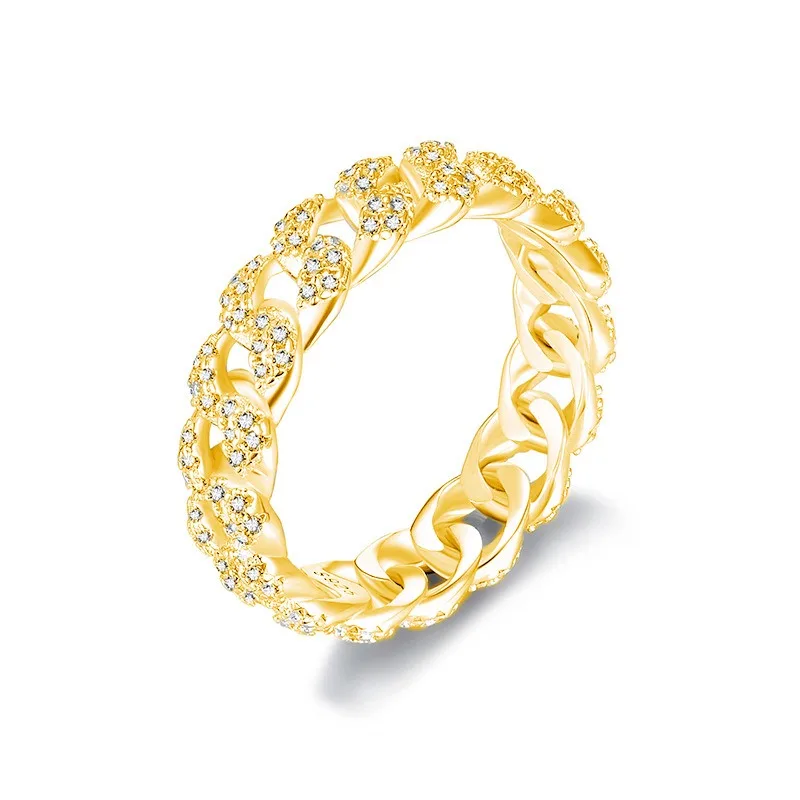 

S925 Серебро 5,8 мм Холодный муассанит Кубинское звено Кольцо с покрытием из 18-каратного золота Хип-хоп Рок Ювелирные изделия Mosan Бриллиантовые кольца Пройти тестер с Gra