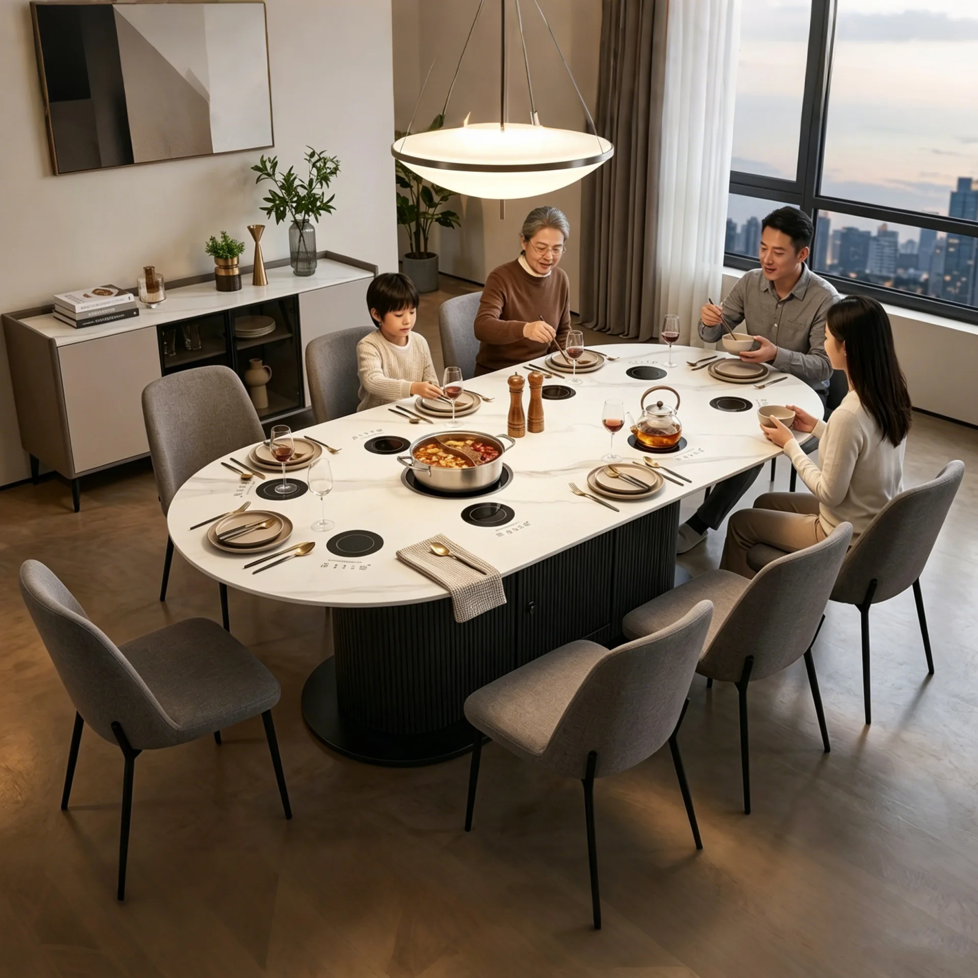 Oval dining table one person one pot induction cooker rock slab small apartment 4-15 people hotel