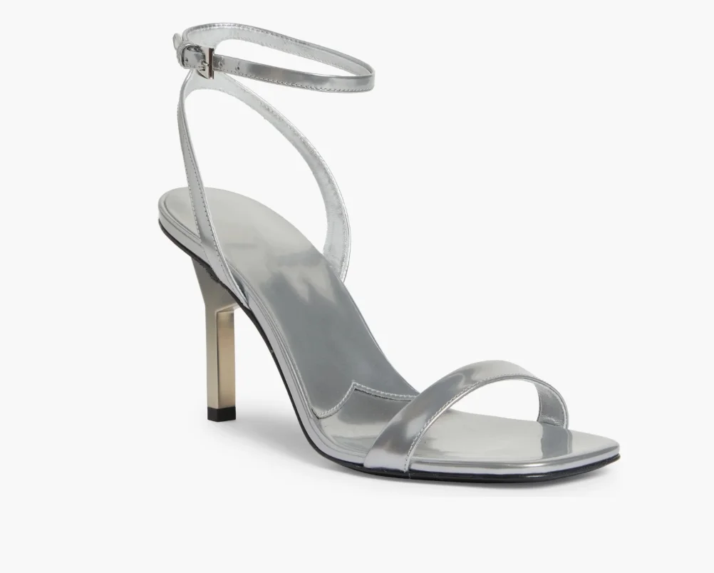 

A Sculptural Heel Silvery Calfskin Leather Ankle Strap Sandal (Women)