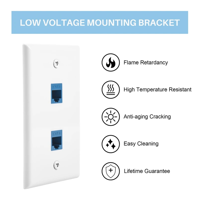 Placa de pared Ethernet con soporte de montaje de bajo voltaje, una sola banda, 2 puertos, Cat6, Cable Ethernet Keystone, salida de pared