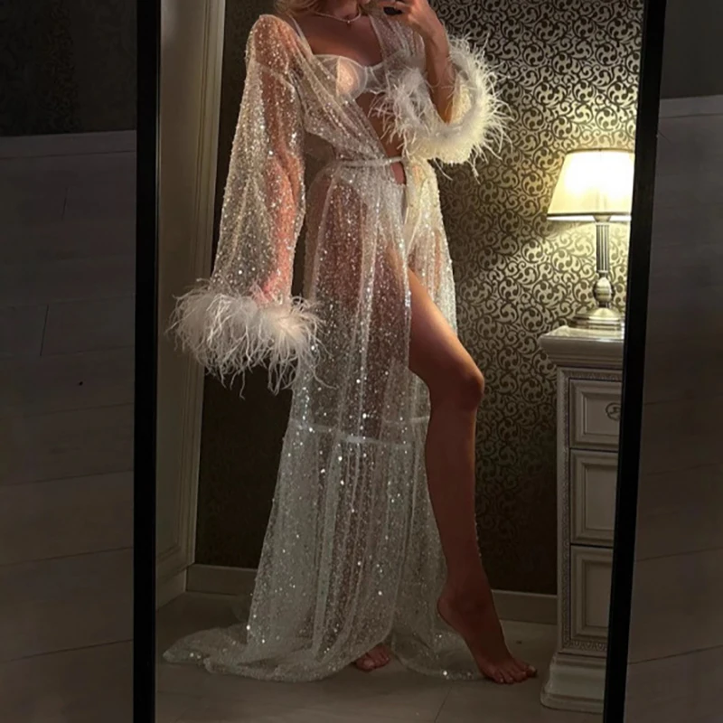 French Style Sequins Long Sleeve Cardigans Summer Sexy Mesh Hollow Out Perspective Coat Elegant Lady Tassel Long Sleeve Outwear