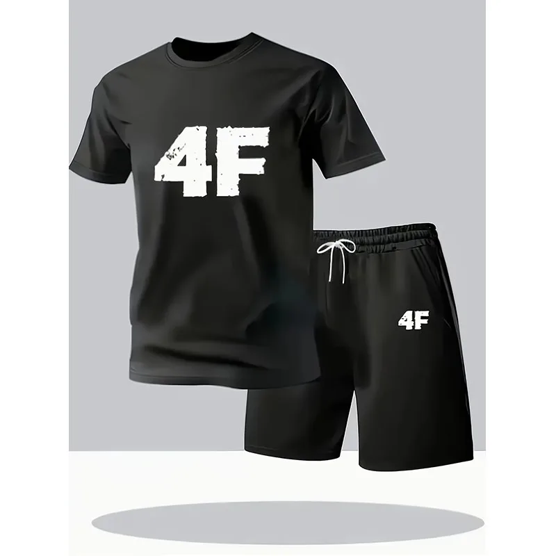 Hot selling men's summer fashion 4F printed comfortable and breathable round neck T-shirt shorts set outdoor casual clothing