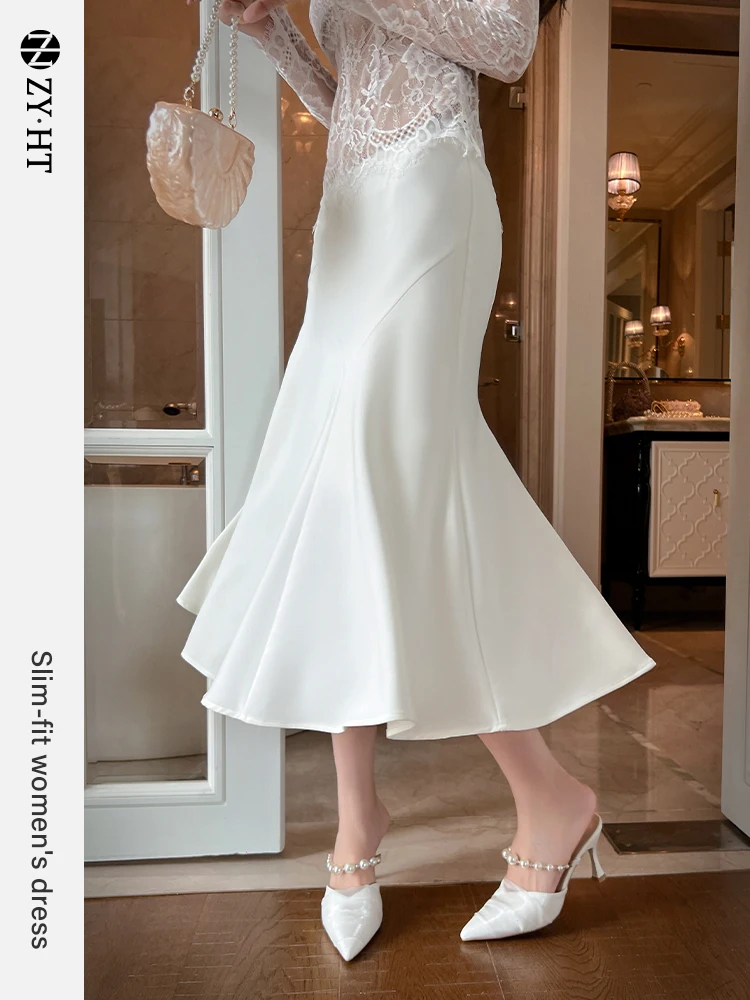 Summer new French style solid color high waist ruffled long skirt design fishtail hip skirt