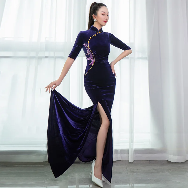 Qipao – robe sirène chinoise rétro demi manches en velours doré, Qipao, col Mandarin, fente haute, Cheongsam