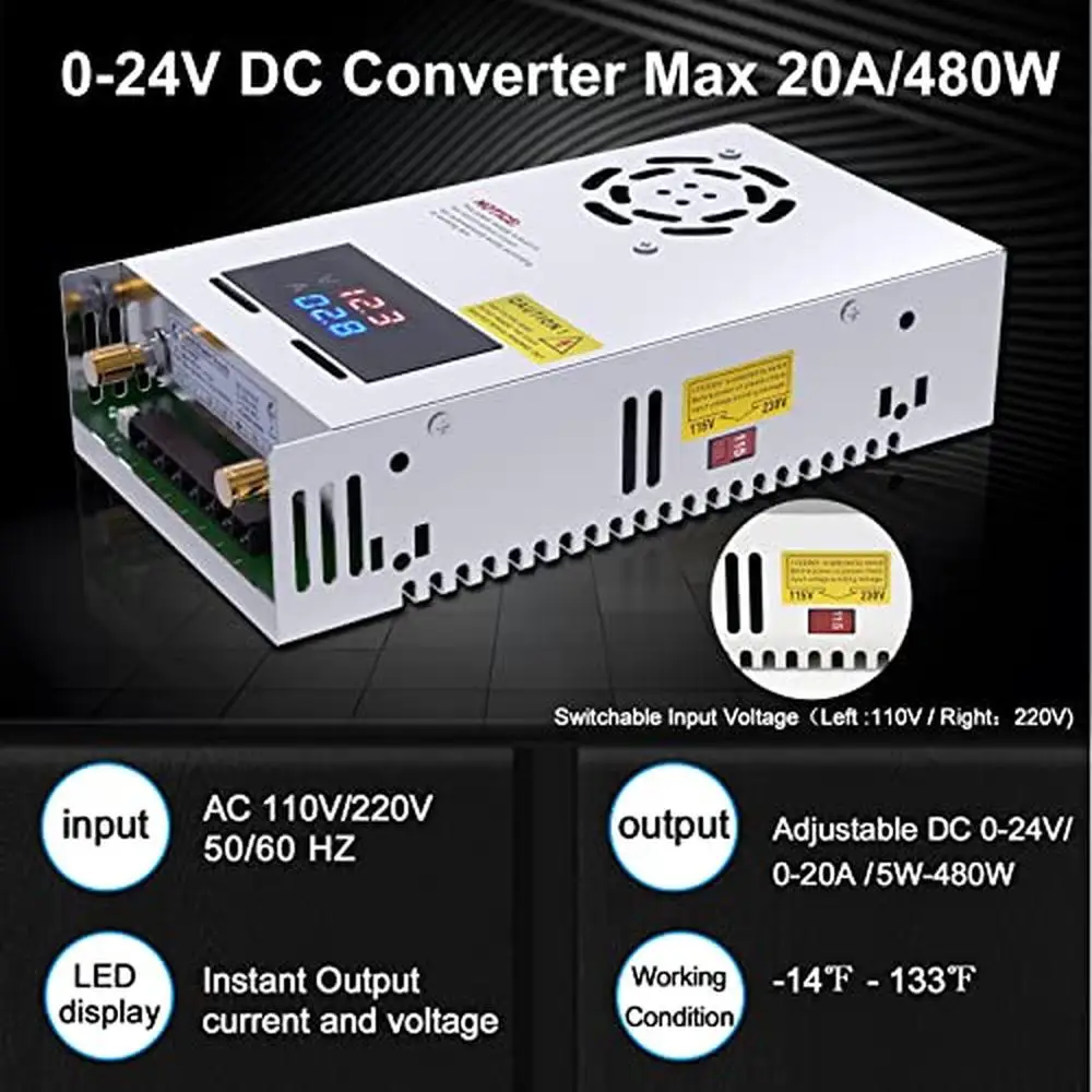 Adjustable AC to 24V DC Converter 480W 20A LED Power Supply with Overload Protection Industrial Use