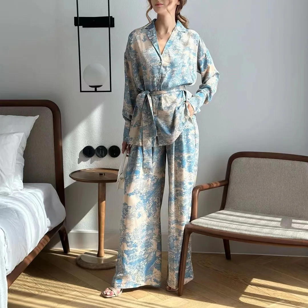 Set Celana Lebar Bermotif dengan Ikat Pinggang Faion Ensemble Bahan Poliester Koleksi Musim Panas 2023 Pakaian Premium Wanita