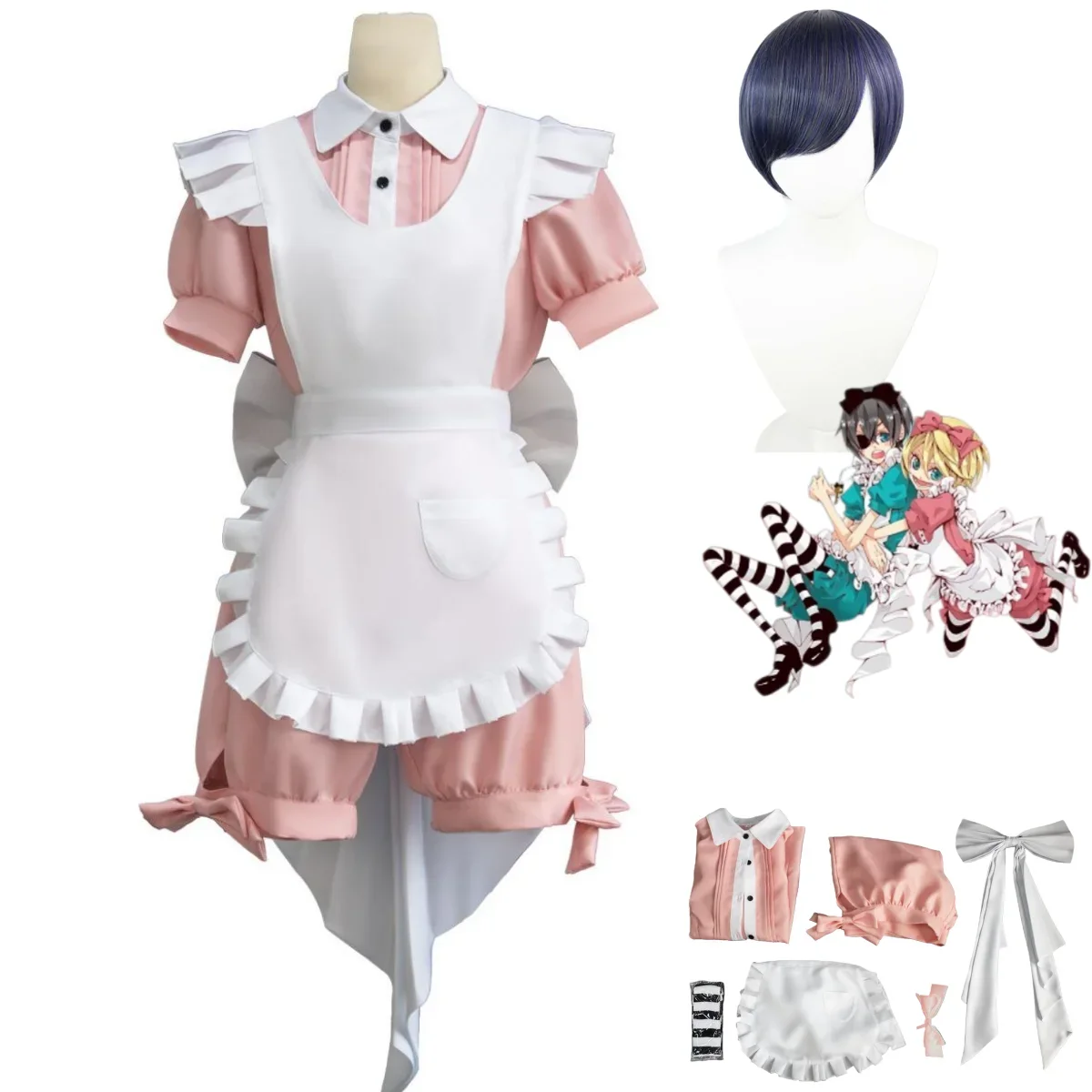 

Костюм для косплея «Черный дворецкий Сиэль Фантомхайв», розовое платье горничной, юбка Лолиты, парик, мужской и женский милый костюм для дня рождения