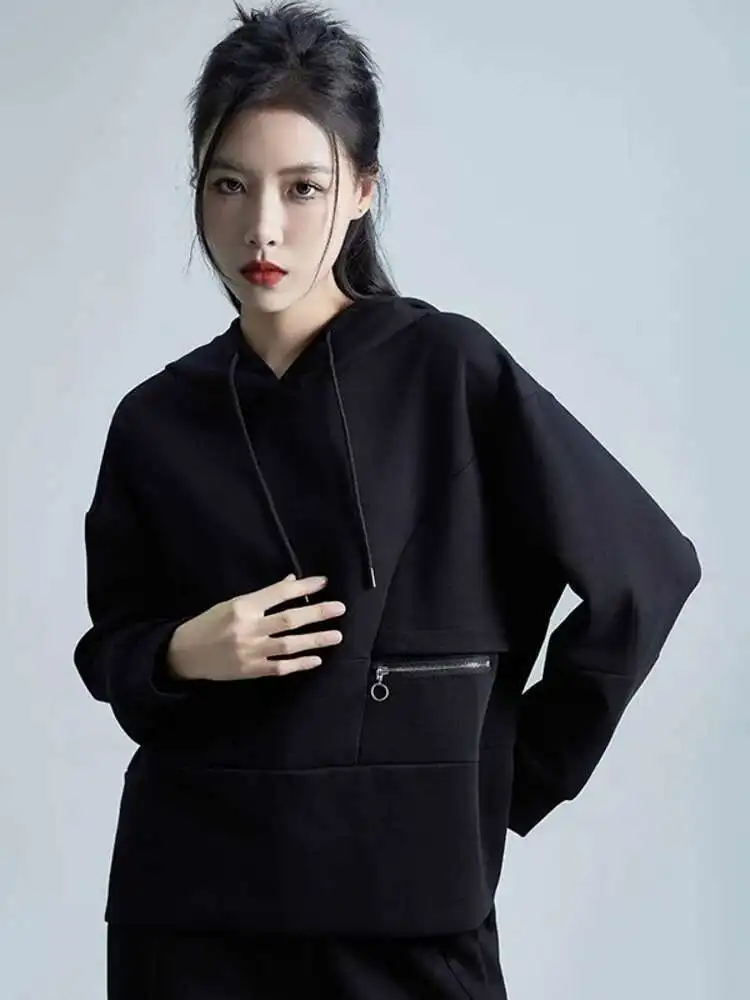 Black Loose Fit Zipper Pockets Sweatshirt New Hooded Long Sleeve Women Big Size Fashion Tide Spring Autumn